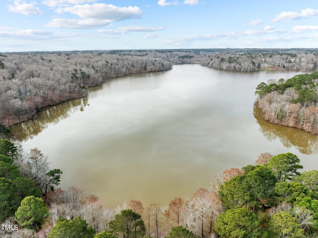 aerial view featuring a wooded view and a water view