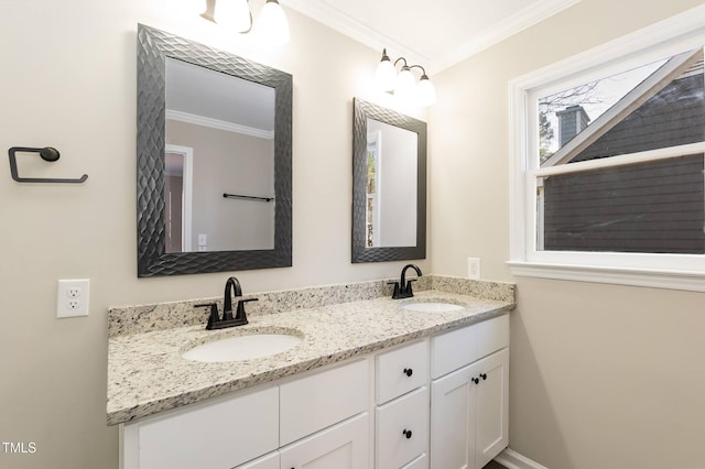 bathroom featuring crown molding, double vanity, and a sink