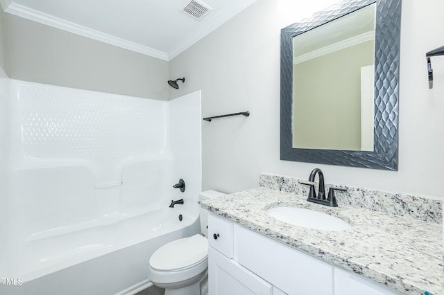 full bathroom featuring vanity, visible vents, shower / bath combination, crown molding, and toilet