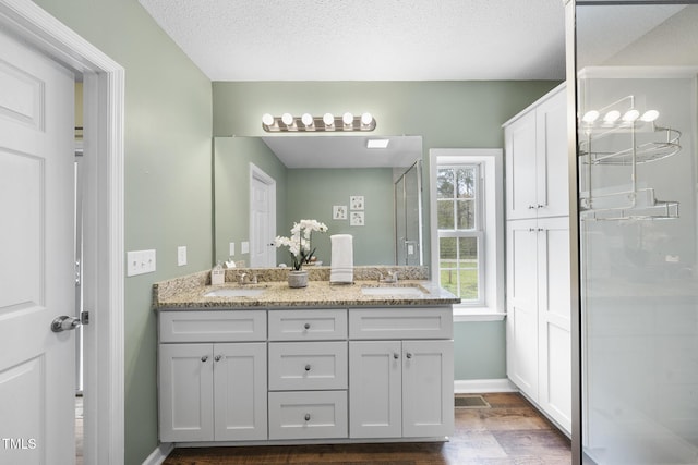 bathroom featuring a sink, a shower stall, wood finished floors, and double vanity