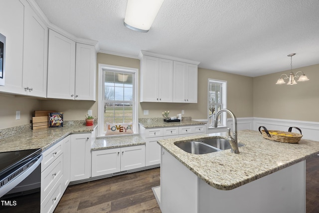 kitchen with a center island with sink, a wainscoted wall, dark wood finished floors, a sink, and white cabinetry