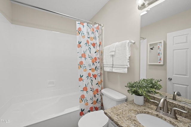 full bathroom with shower / bath combo with shower curtain, toilet, and vanity