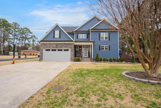 craftsman house featuring a garage, stone siding, a front lawn, and driveway