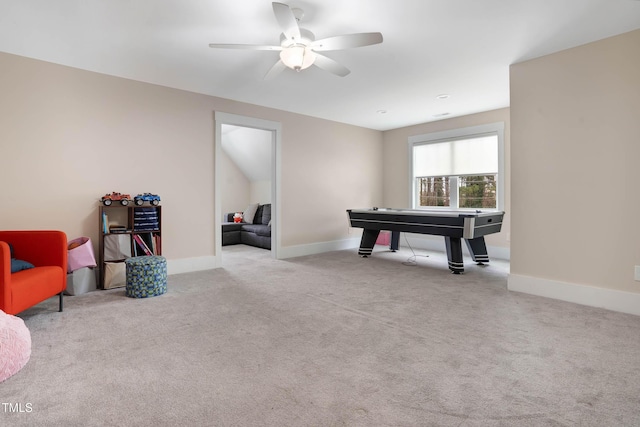 rec room with carpet, baseboards, and ceiling fan