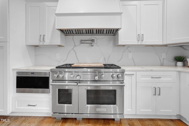 kitchen with light stone countertops, premium range hood, appliances with stainless steel finishes, white cabinetry, and tasteful backsplash