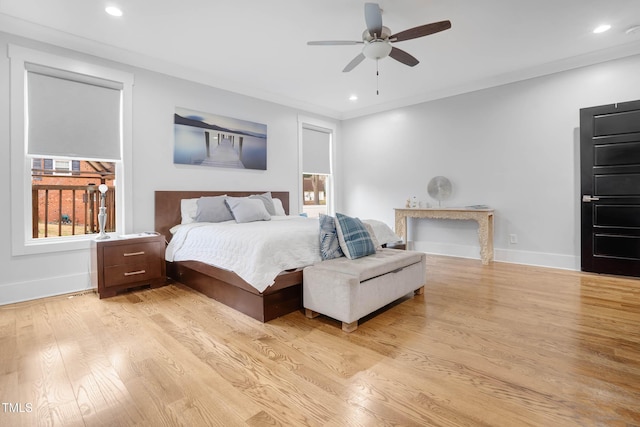 bedroom featuring recessed lighting, baseboards, and light wood finished floors