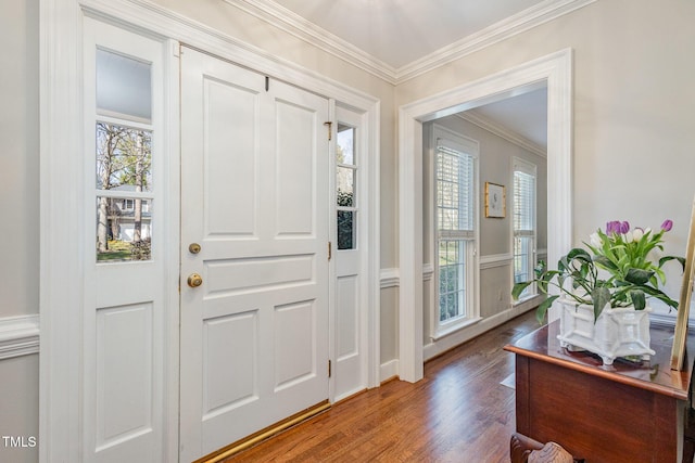 entrance foyer featuring wood finished floors and crown molding