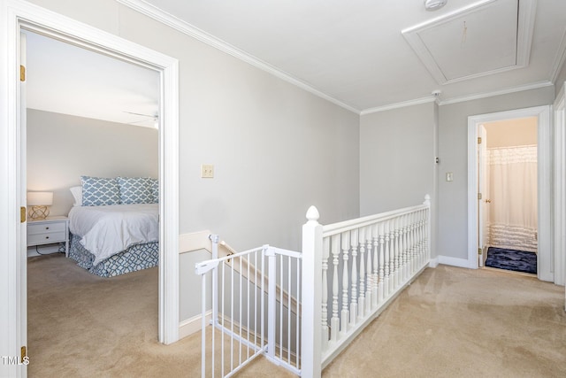 corridor with an upstairs landing, carpet floors, and ornamental molding