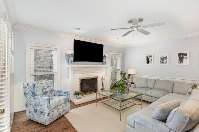 living room with a wainscoted wall, a fireplace, wood finished floors, and ornamental molding