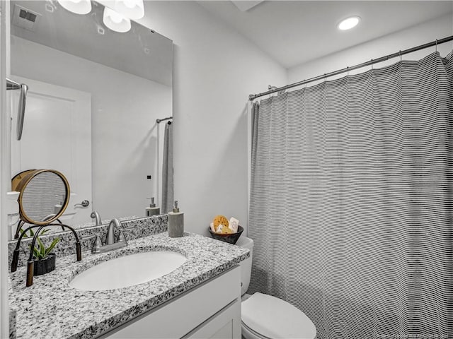232 Penfield Way, Raeford, NC 28376 - full bathroom featuring vanity, toilet, a shower with curtain, and recessed lighting