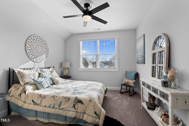 bedroom with visible vents, lofted ceiling, carpet flooring, baseboards, and ceiling fan