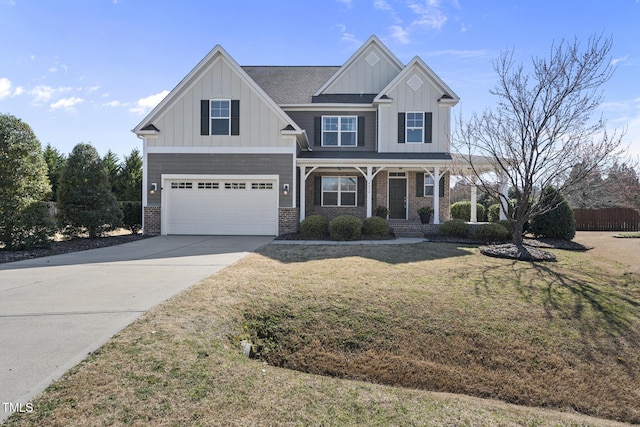 view of front of house featuring brick siding, board and batten siding, concrete driveway, and a porch