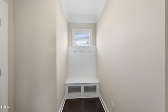 mudroom featuring dark wood-type flooring, baseboards, and ornamental molding