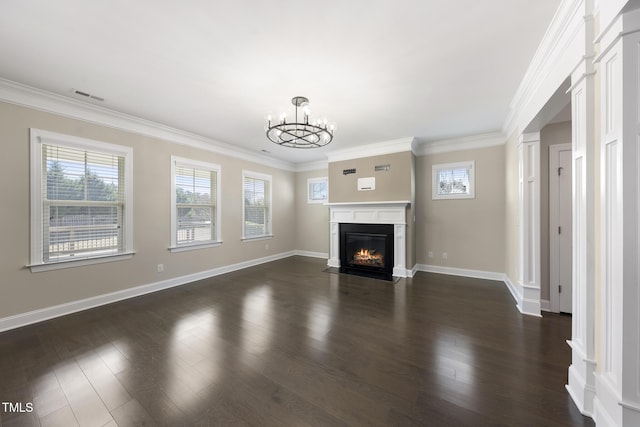 unfurnished living room with visible vents, ornamental molding, a fireplace with flush hearth, and dark wood-style flooring