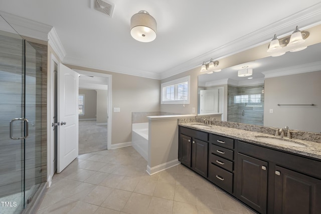 bathroom with visible vents, ornamental molding, a stall shower, and a sink