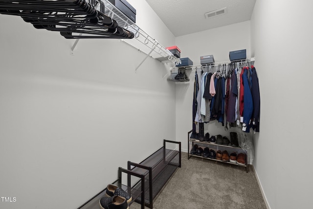 walk in closet with visible vents and carpet floors