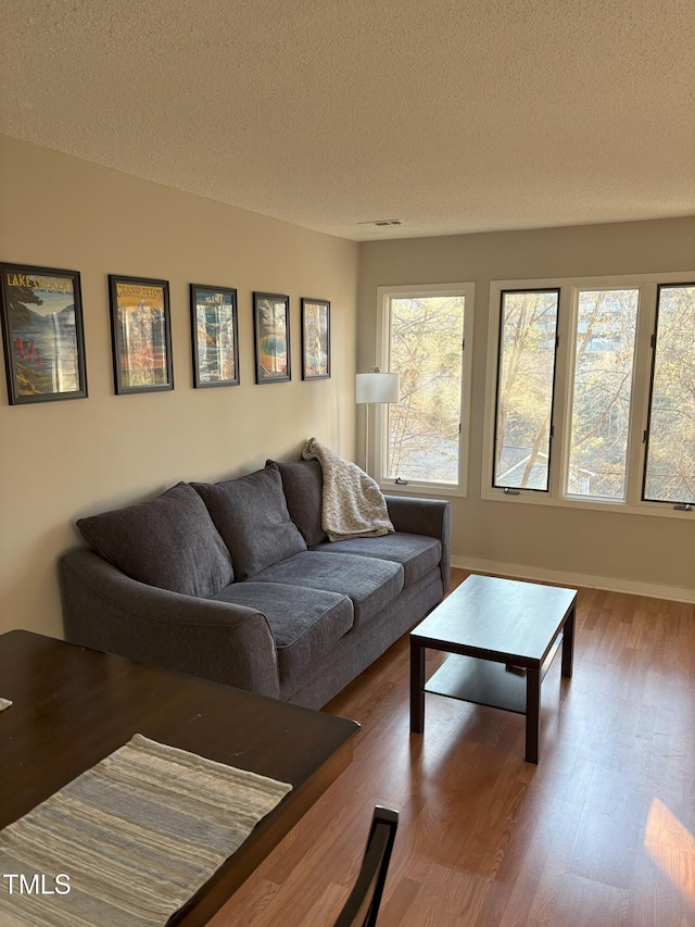 living area featuring a textured ceiling and wood finished floors