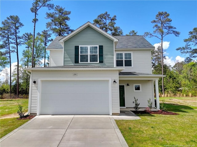 330 Penfield Way, Raeford, NC 28376 - view of front of home featuring driveway, a front yard, a garage, and roof with shingles
