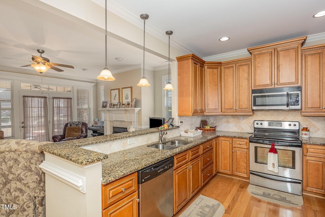 kitchen featuring light wood finished floors, a sink, stainless steel appliances, crown molding, and open floor plan