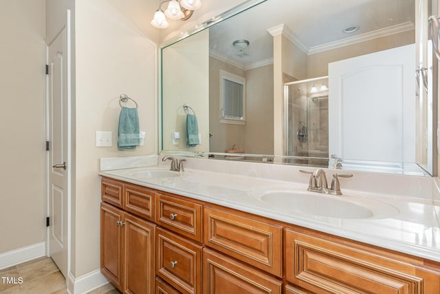 bathroom with crown molding, double vanity, a stall shower, and a sink