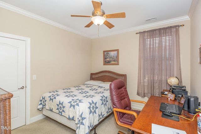 bedroom featuring carpet flooring, baseboards, visible vents, and ornamental molding