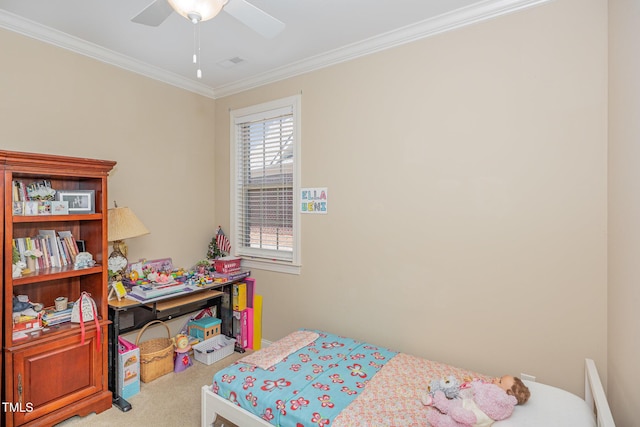 bedroom featuring visible vents, crown molding, a ceiling fan, and carpet floors