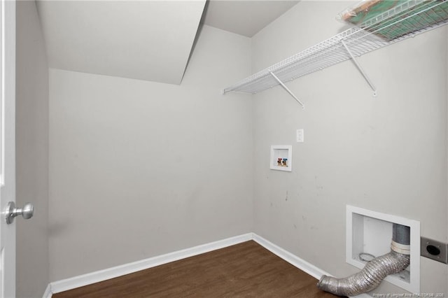 clothes washing area featuring dark wood-style floors, baseboards, hookup for an electric dryer, laundry area, and washer hookup