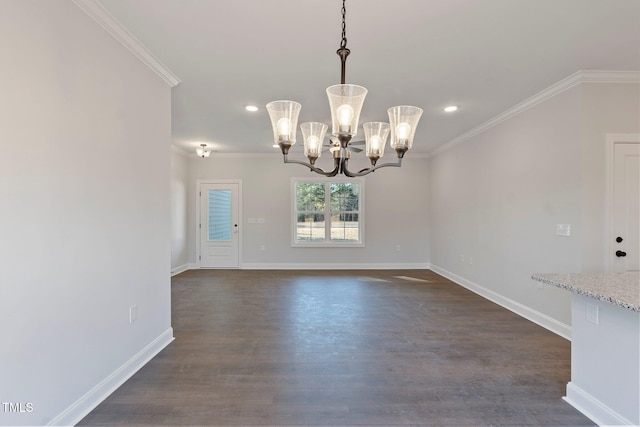 unfurnished dining area with recessed lighting, baseboards, dark wood-type flooring, and ornamental molding