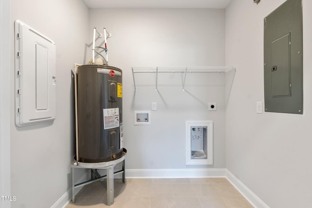 laundry room with electric panel, laundry area, water heater, and washer hookup