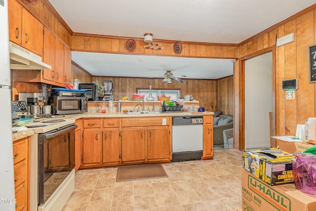 kitchen featuring stainless steel microwave, under cabinet range hood, white dishwasher, electric range, and a sink