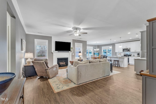 living room with ornamental molding, light wood-style flooring, ceiling fan with notable chandelier, recessed lighting, and a fireplace