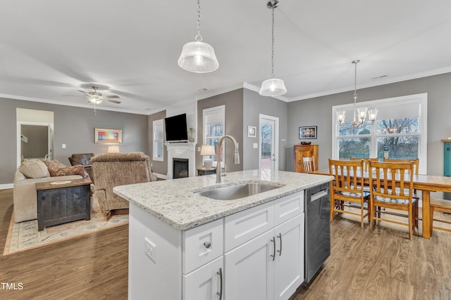 kitchen with light wood-type flooring, a sink, a fireplace, crown molding, and dishwasher