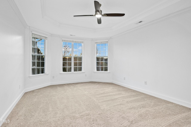 unfurnished room featuring baseboards, crown molding, a tray ceiling, and carpet floors