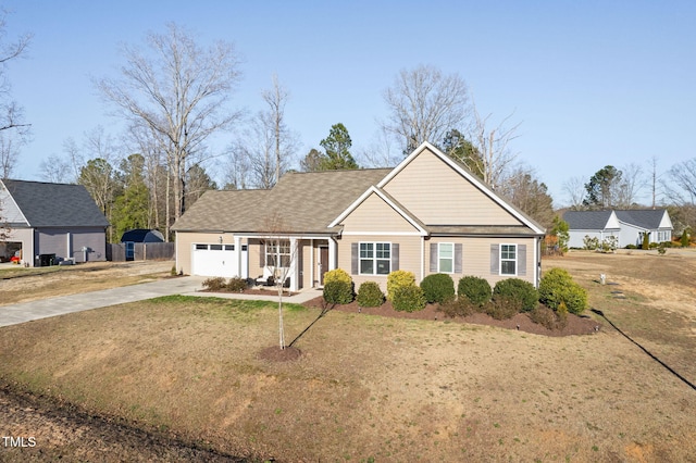 ranch-style house featuring concrete driveway, fence, a garage, and a front lawn