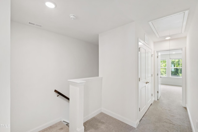 97 Begonia St, Angier, NC 27501 - corridor featuring attic access, an upstairs landing, carpet floors, baseboards, and recessed lighting