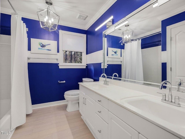 full bathroom featuring visible vents, ornamental molding, toilet, and a sink