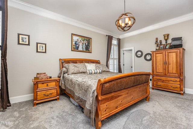 12500 Richmond Run Dr, Raleigh, NC 27614 - bedroom featuring crown molding, a chandelier, light colored carpet, and baseboards