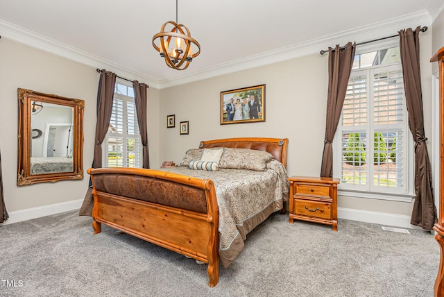 12500 Richmond Run Dr, Raleigh, NC 27614 - bedroom with ornamental molding, carpet, a chandelier, baseboards, and multiple windows