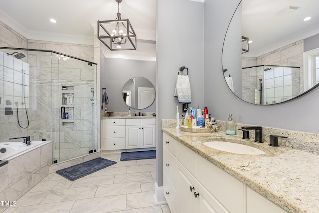 12500 Richmond Run Dr, Raleigh, NC 27614 - full bathroom with ornamental molding, marble finish floors, a shower stall, two vanities, and a bath