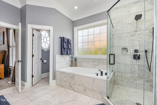 12500 Richmond Run Dr, Raleigh, NC 27614 - full bathroom featuring a bath, marble look tile flooring, a stall shower, baseboards, and crown molding