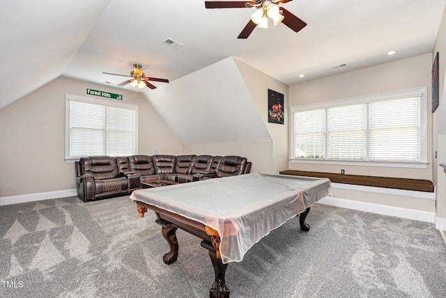 12500 Richmond Run Dr, Raleigh, NC 27614 - playroom featuring ceiling fan, carpet flooring, plenty of natural light, vaulted ceiling, and pool table