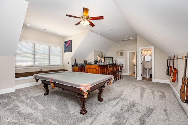 12500 Richmond Run Dr, Raleigh, NC 27614 - game room featuring lofted ceiling, a ceiling fan, light carpet, billiards table, and bar area