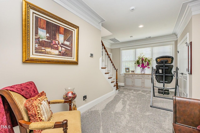 12500 Richmond Run Dr, Raleigh, NC 27614 - sitting room with ornamental molding, stairs, baseboards, carpet, and a desk