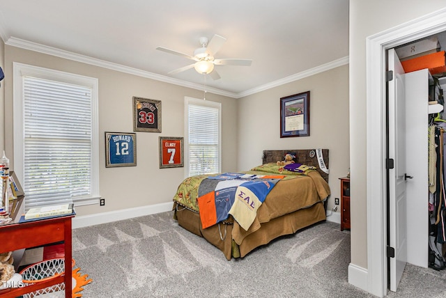 12500 Richmond Run Dr, Raleigh, NC 27614 - bedroom featuring ornamental molding, carpet flooring, baseboards, and ceiling fan