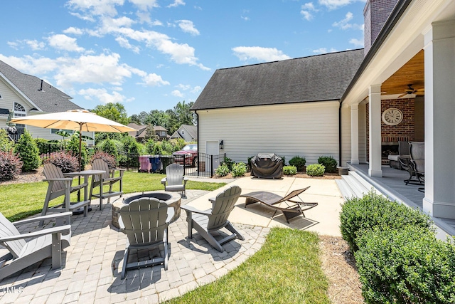 12500 Richmond Run Dr, Raleigh, NC 27614 - view of patio / terrace featuring a fire pit, a ceiling fan, and area for grilling