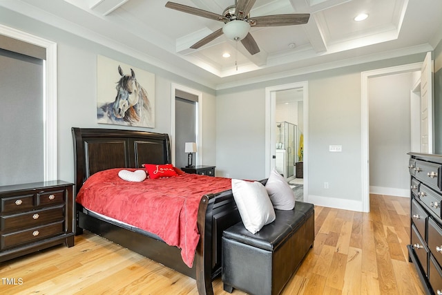 bedroom featuring beamed ceiling, coffered ceiling, baseboards, and light wood-style floors