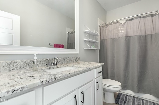 bathroom with a shower with shower curtain, toilet, and vanity