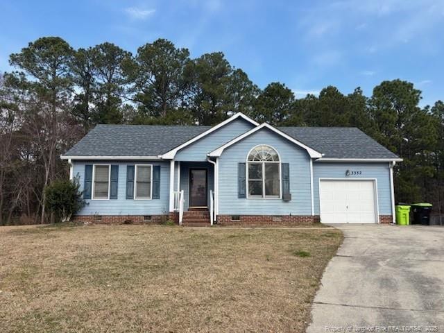 ranch-style house with a front yard, roof with shingles, driveway, a garage, and crawl space