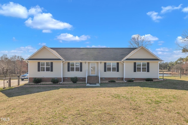 single story home with a front yard and crawl space