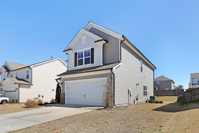 view of front of house featuring central AC, fence, board and batten siding, concrete driveway, and an attached garage